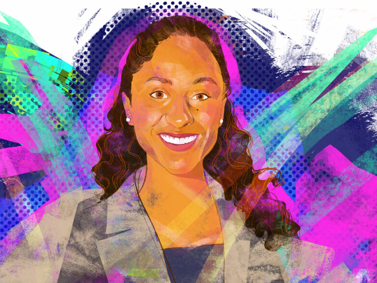 An illustration of Ana Billingsley in a suit jacket with a colorful background