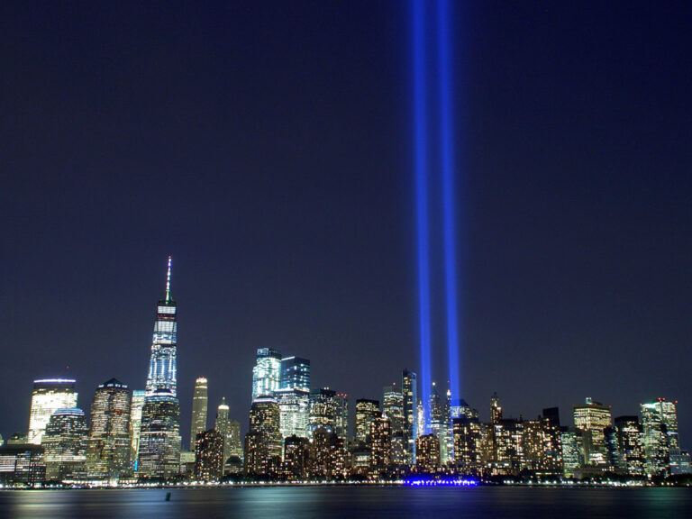 Spotlights shining where the twin towers were